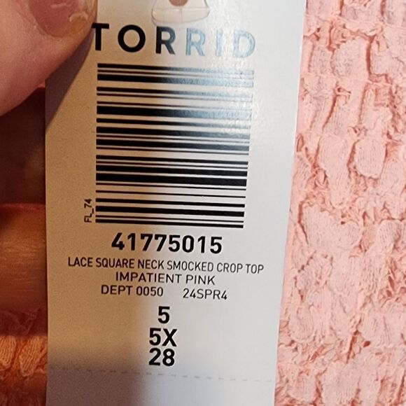5X 28W Torrid Impatient Pink Lace Crop Top Smocked Square Neck Tank Adjustable - Picture 7 of 7